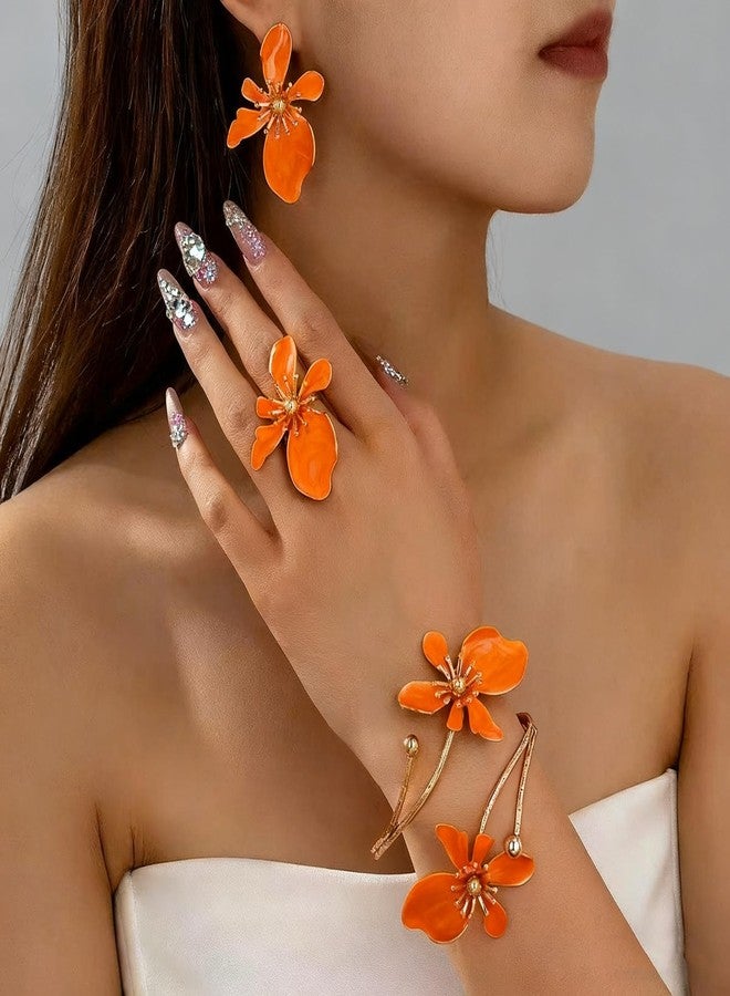 Thalireth 4PCS Gold Orange Flower Cuff Arm Bracelets Upper Arm Earrings Hibiscus Necklace Chunky Ring Fall Summer Orchid Hibiscus Jewelry Set For Women Thankgiving Fall Birthday Gift - Image 5